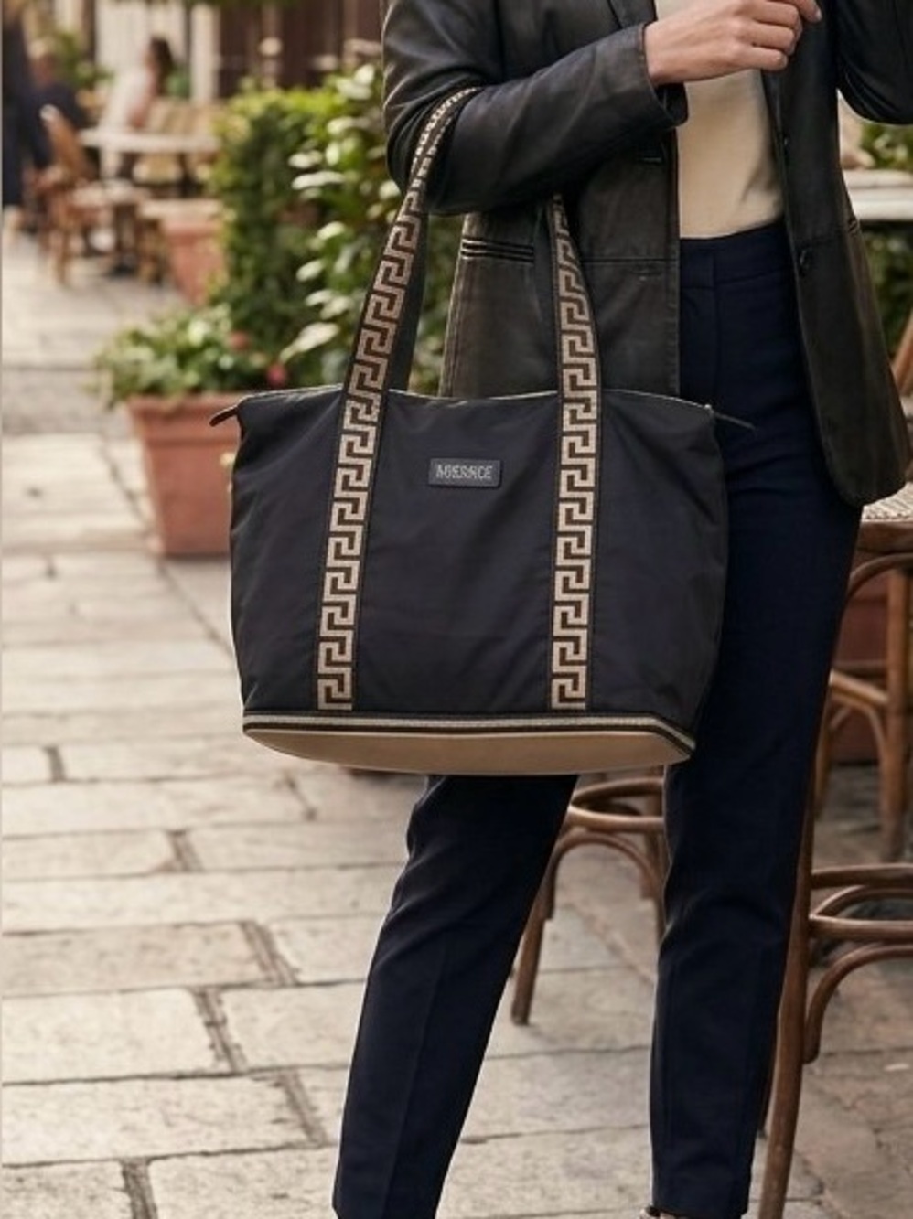 Versace Parfums Folding Tote Travel Shoulder Bag, Black & Gold, NWOT